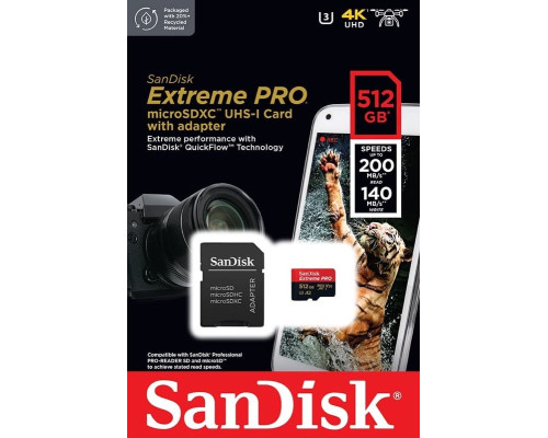 Карта памяти SanDisk Extreme PRO 512GB microSDXC С АДАПТЕРОМ (200/140 MB/s UHS-I V30 U3 Class 10)