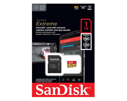 Карта памяти SanDisk Extreme 1TB microSDXC з адаптером (190/130 MB/s UHS-I V30 U3 Class 10)