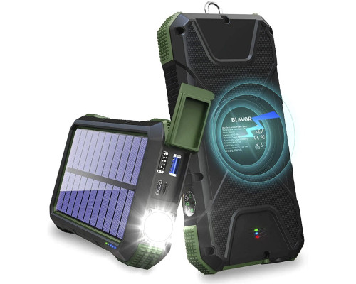 Портативное зарядное устройство с фонариком и компасом BLAVOR Solar Charger Power Bank 18W (темно-зеленое)