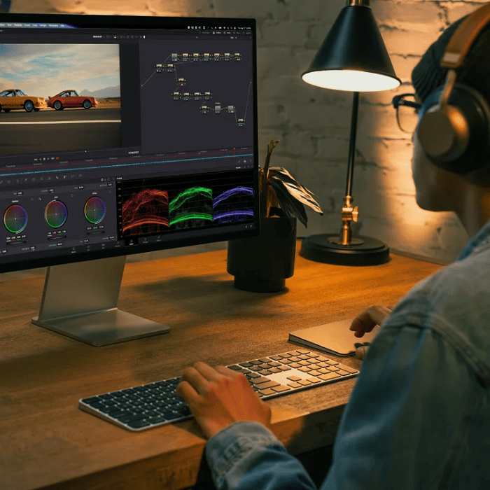Оператор настраивает камеру GoPro MISSION 1 PRO на оборудованном кино-риге с микрофоном