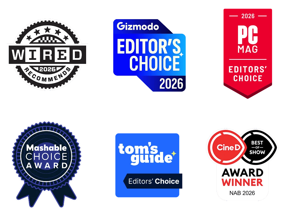 Логотипы наград WIRED Recommends, Gizmodo Editor's Choice, PCMag Editors' Choice, Mashable Choice Award, Tom's Guide Editors' Choice и CineD Best of Show 2026