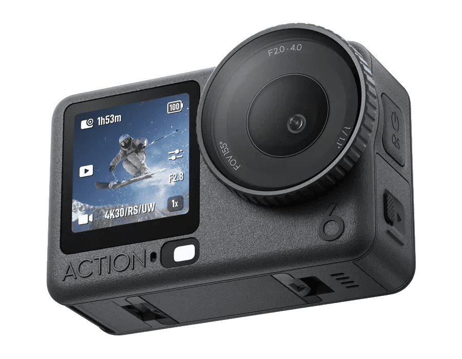 Екшн-камера DJI Osmo Action 6 з об'єктивом зі змінною діафрагмою f/2.0-4.0 та кадром гірськолижника на екрані