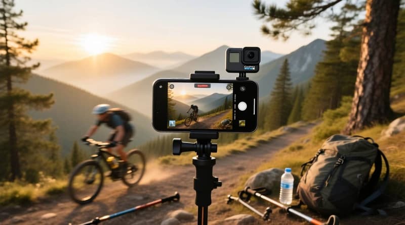 iPhone і GoPro на спільному штативі знімають велосипедиста на гірській стежці