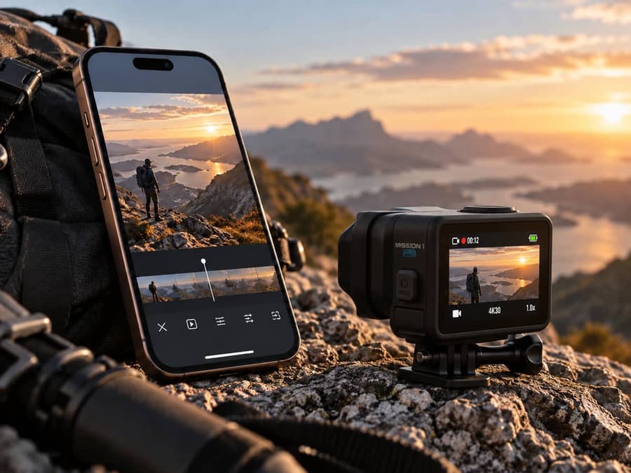 Монтаж відео на iPhone поруч із камерою GoPro MISSION 1 на скелястому хребті